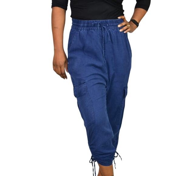 Zara Cargo Pants Blue High Waisted Ruched Crop Jogger Elastic Linen Size Small - Picture 10 of 14